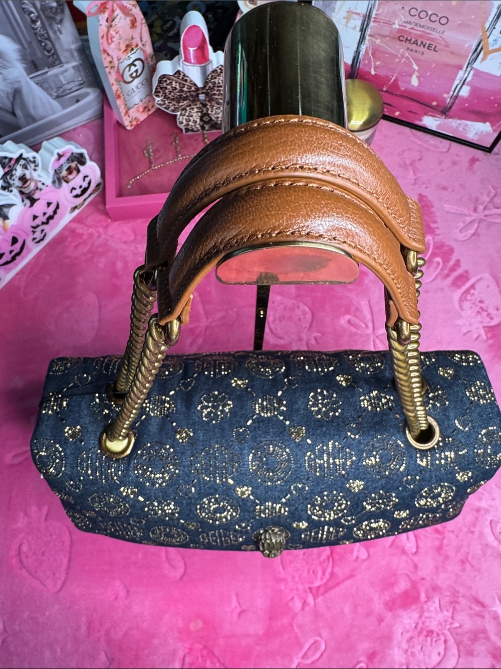 Kurt Geiger Rare XXL Battersea Denim Sparkle Bag - Dark Gold Chain NWT - Picture 16 of 17